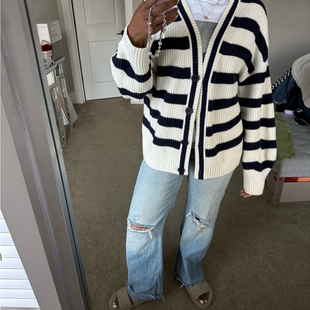 & Other Stories Navy and White Striped Knit Wool and Cotton Cardigan
